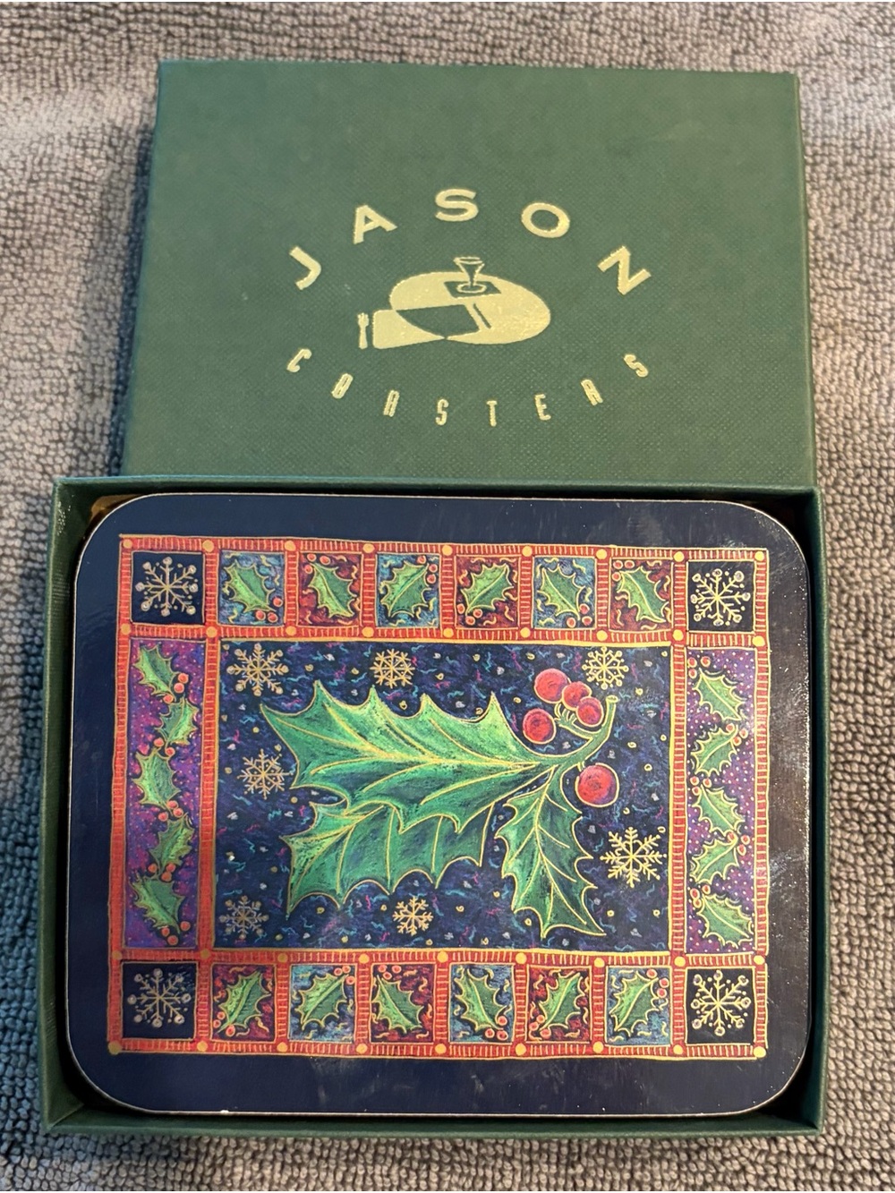 Jason Holiday Holly Coaster Set - Navy with Green & Red